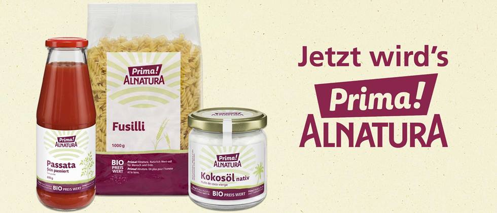 Produkte mit Schriftzug "Jetzt wird's Prima! Alnatura"