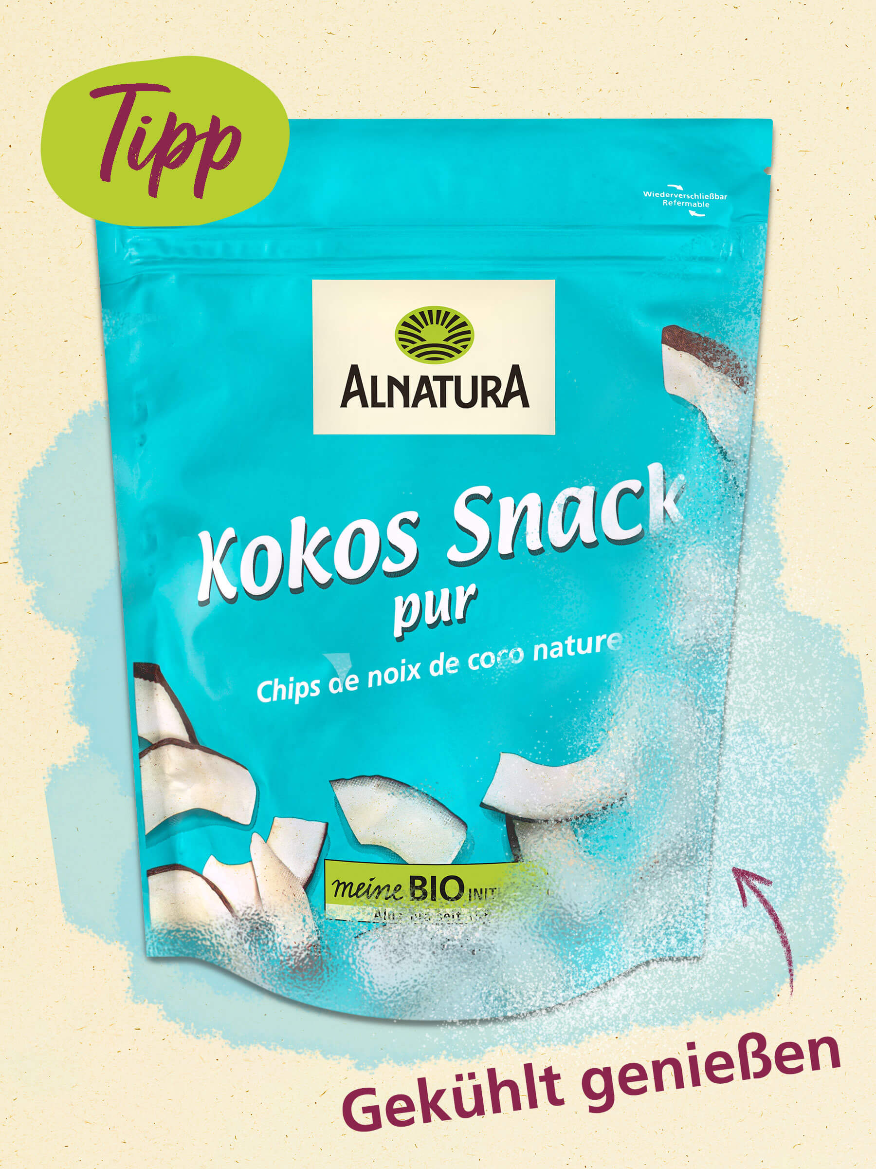 Ein Bild von einer Packung Alnatura Kokos Snack Pur mit dem Tipp, das Produkt gekühlt zu geniessen