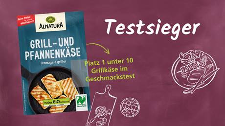 Alnatura Grill- und Pfannenkäse auf einem auberginefarbenen Hintergrund. Text: "Testsieger – Platz 1 unter 10 Grillkäse im Geschmackstest."