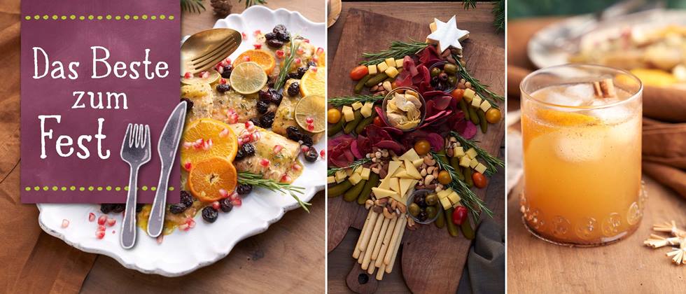 Rezept-Kombination aus drei Rezepten: Punsch, Tannenbaum aus Käse, Nüssen und Crossinis und Lachs mit Orangen