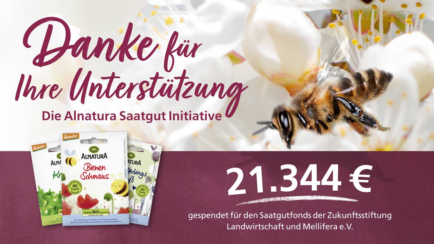 Das Bild zeigt eine Werbekampagne von Alnatura. Es dankt für die Unterstützung der Alnatura Saatgut Initiative und zeigt, dass 21.344 € an den Saatgutfonds der Zukunftsstiftung Landwirtschaft und Mellifera e.V. gespendet wurden. Im Hintergrund ist eine Biene auf einer weißen Blüte zu sehen, was das Thema der Bestäubung und des Naturschutzes unterstreicht. Drei Päckchen mit verschiedenen Saatgutmischungen aus der Initiative sind ebenfalls abgebildet. Das gesamte Design ist freundlich und naturverbunden.