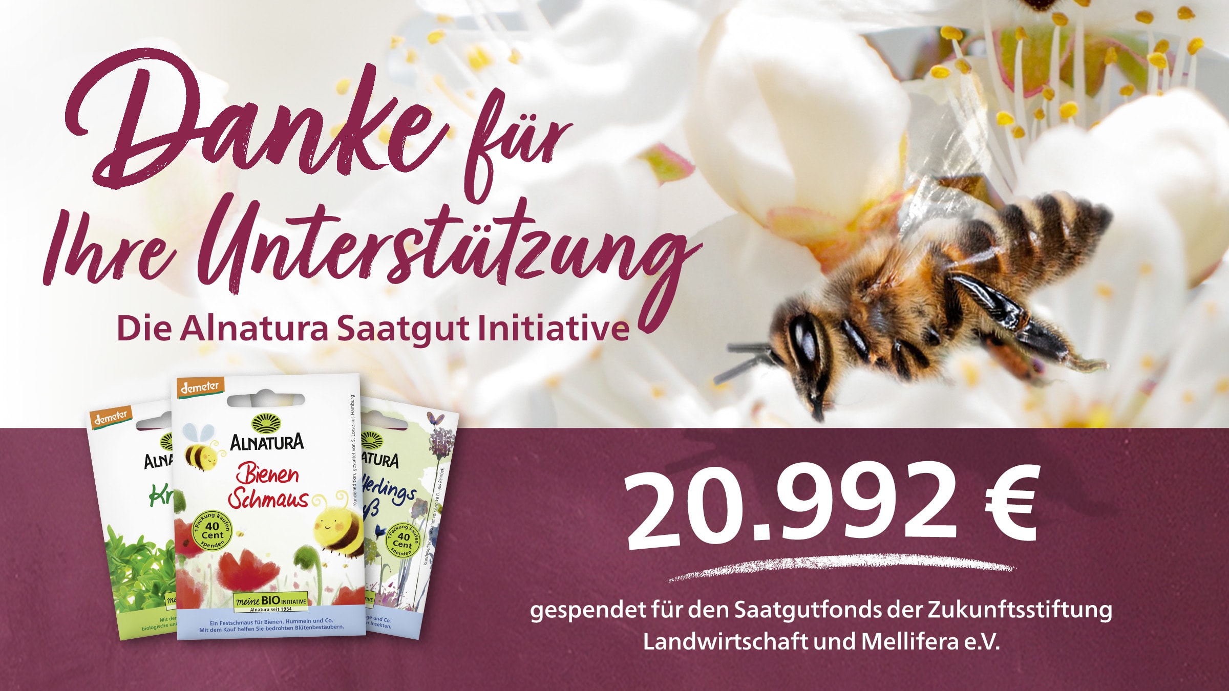 Ein Bild einer Biene auf einer Blüte mit dem Text "Danke für Ihre Unterstützung" und Informationen über eine Saatgutinitiative. Außerdem wird ein Betrag von 20.992 € genannt, der an eine Stiftung für Landwirtschaft und Mellifera gespendet wurde.