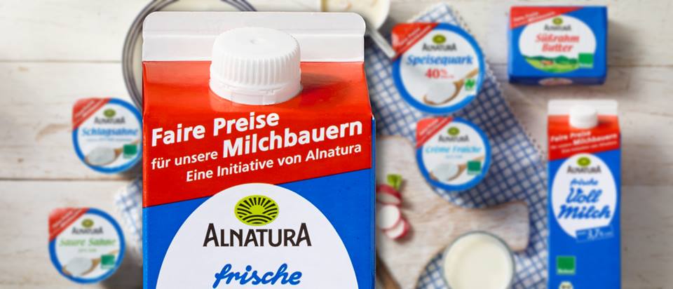 Alnatura Produkte mit Störer "Faire Preise für unsere Milchbauern"