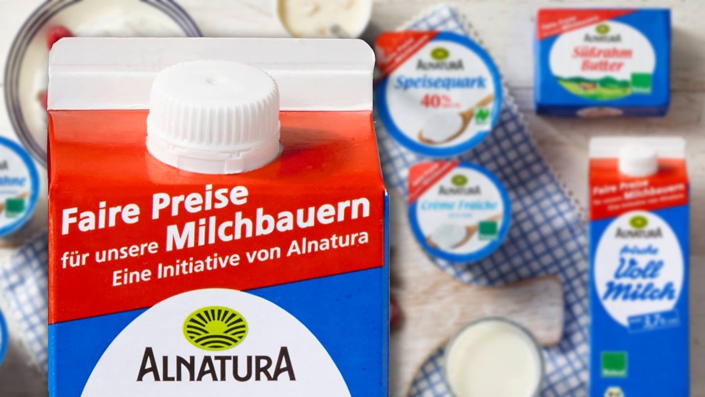 Alnatura Produkte mit Störer "Faire Preise für unsere Milchbauern"