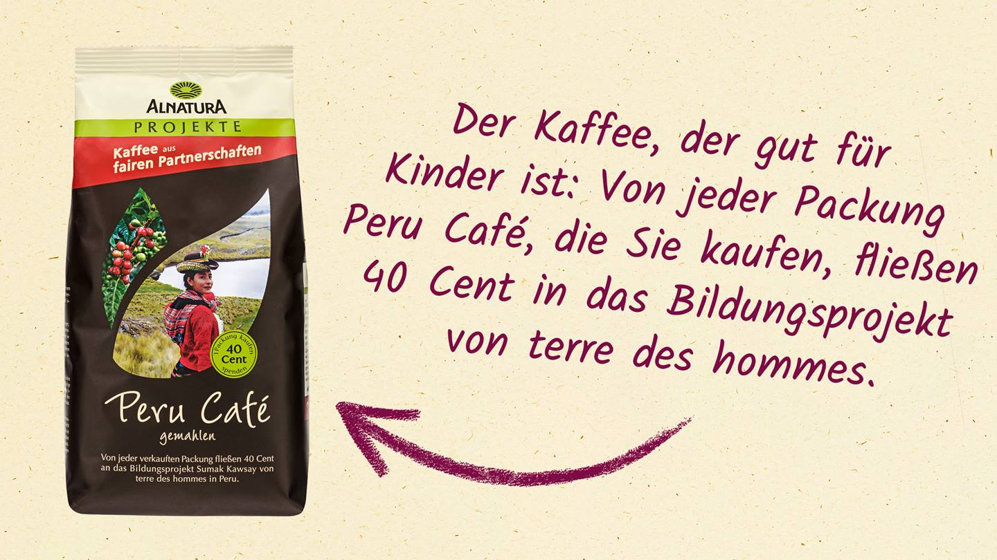 Alnatura Per-Café mit Hinweistext zum unterstützten terre-des-hommes-Projekt