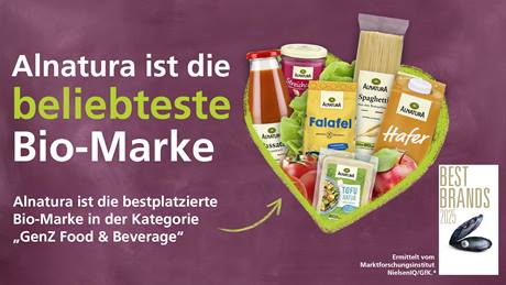 Alnatura ist die beliebteste Bio-Marke, daneben Alnatura Produkte umrahmt mit einem grünen Herz. Das Bild enthält das Logo des Best Brands Awards 2025. Der Preis wurde durch das Maktforschungsinsitut NielsenIG/GfK ermittelt