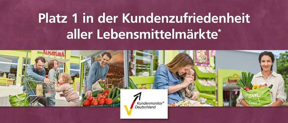 Bild zum Kundenmonitor Deutschland mit Platz 1 für Alnatura in der Kundenzufriedenheit aller Lebensmittelmärkte