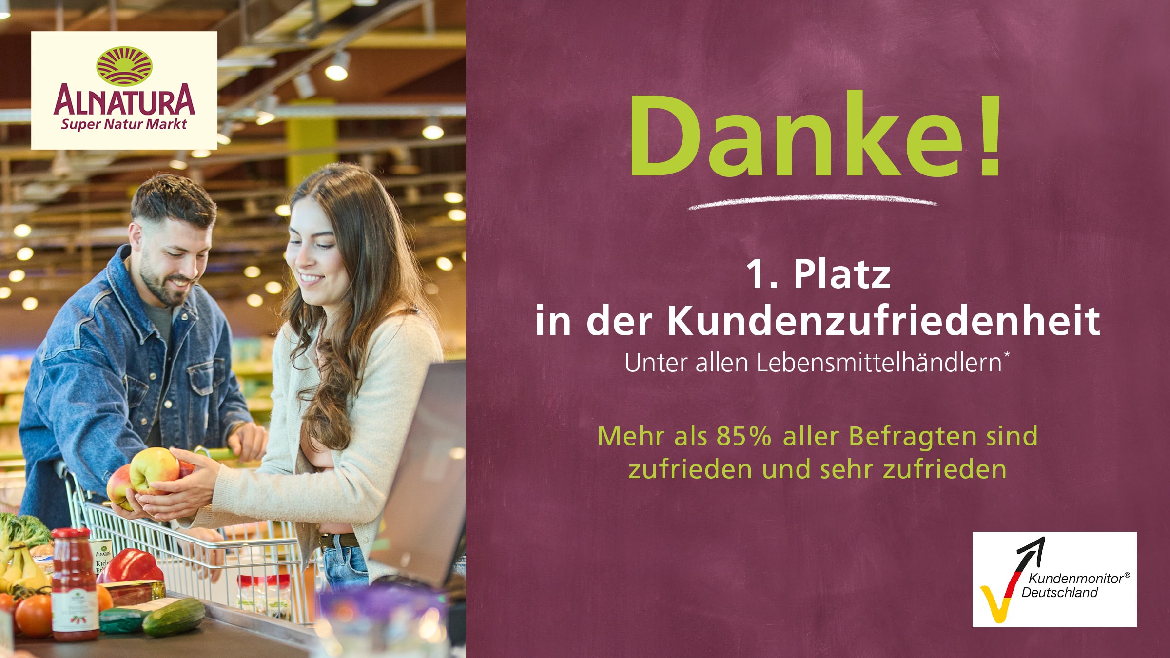 Werbetafel zum Abschneiden der Alnatura Super Natur Märkte beim Kundenmonitor Deutschland 2026. Links ist eine Einkaufssituation mit 3 Personen zu sehen, rechts steht der Text "Danke! 1. Platz in der Kundenzufriedenheit unter allen Lebensmittelhändlern. Mehr als 85% aller Befragten sind zufrieden und sehr zufrieden."