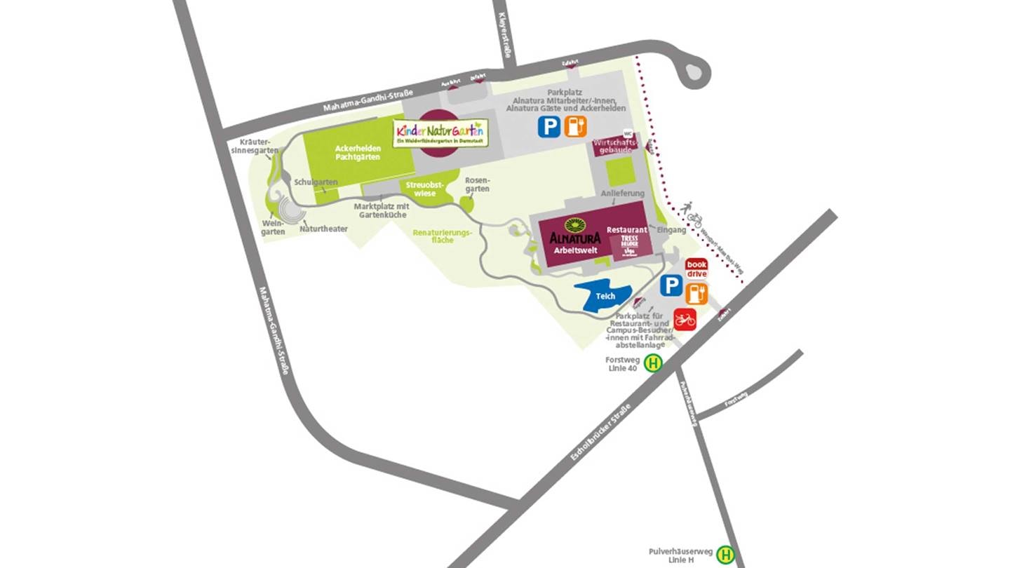Das Bild zeigt einen Lageplan des Alnatura-Geländes in Darmstadt. Der Plan zeigt verschiedene Bereiche, wie den Kindergarten, Gärten, den Parkplatz, das Restaurant und die Arbeitswelt von Alnatura. Es sind Wege und die Zufahrt eingezeichnet, mit Markierungen für Parkplätze und Fahrradabstellplätze. Auch Bushaltestellen sind vermerkt.