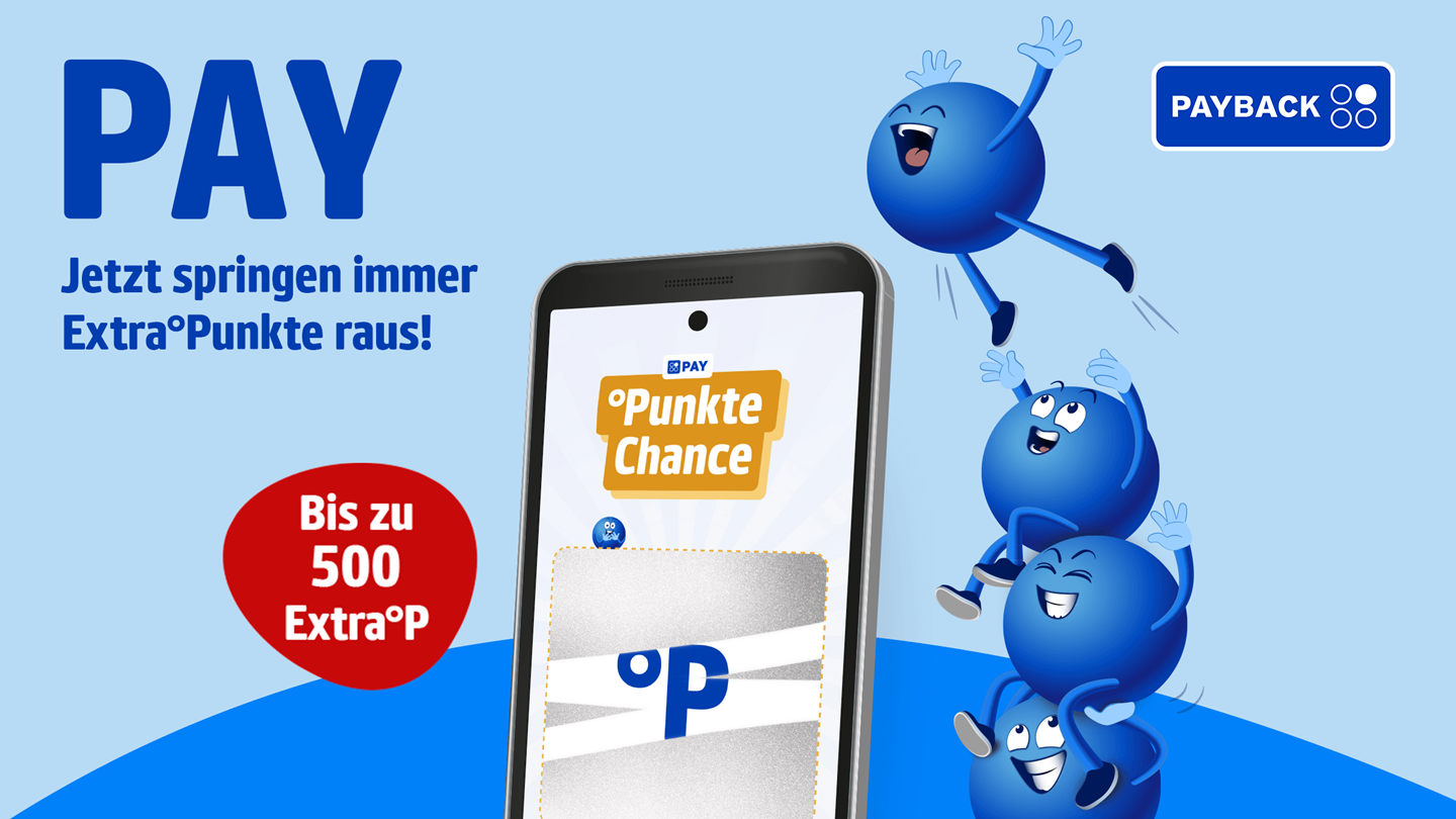 Das Bild ist eine Werbung für die Payback App und das Bezahlen mit Payback Punkten. Es zeigt drei fröhliche, blaue, kugelförmige Figuren, die neben einem Smartphone, auf dem die Payback App dargestellt ist, aufeinander stehen. Eine Figur springt in die Luft, während die anderen zwei übereinander gestapelt sind. Der Text auf dem Bild bewirbt Extra-Punkte beim Bezahlen mit der Payback App, mit bis zu 500 Extra-Punkten. Die allgemeine Stimmung ist positiv und spielerisch. Das Bild soll die Freude an zusätzlichen Payback Punkten hervorheben und die Nutzung der App fördern.