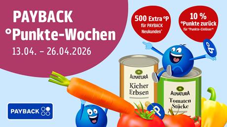 Es handelt sich um eine Werbung für PAYBACK Punkte-Wochen mit einem Angebot für Neukunden und einem 10% Punkte-zurück-Angebot. Dargestellt sind zwei Alnatura-Dosen, eine Karotte, Tomaten und eine gelbe Paprika, begleitet von Comicfiguren.