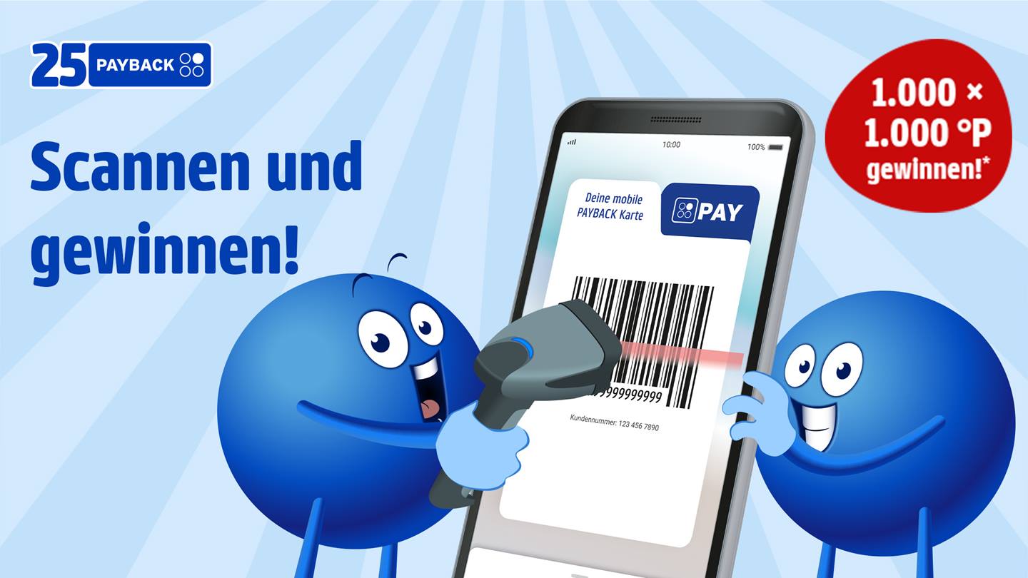 Das Bild zeigt eine Werbekampagne für Payback. Zwei freundliche, blaue, kugelförmige Figuren scannen mit einem Scanner eine mobile Payback-Karte auf einem Smartphone. Der Slogan „Scannen und gewinnen!“ bewirbt einen Wettbewerb, bei dem 1.000 Mal 1.000 Payback Punkte gewonnen werden können. Die gesamte Gestaltung ist hell und freundlich und soll die Teilnahme an der Aktion anregen.