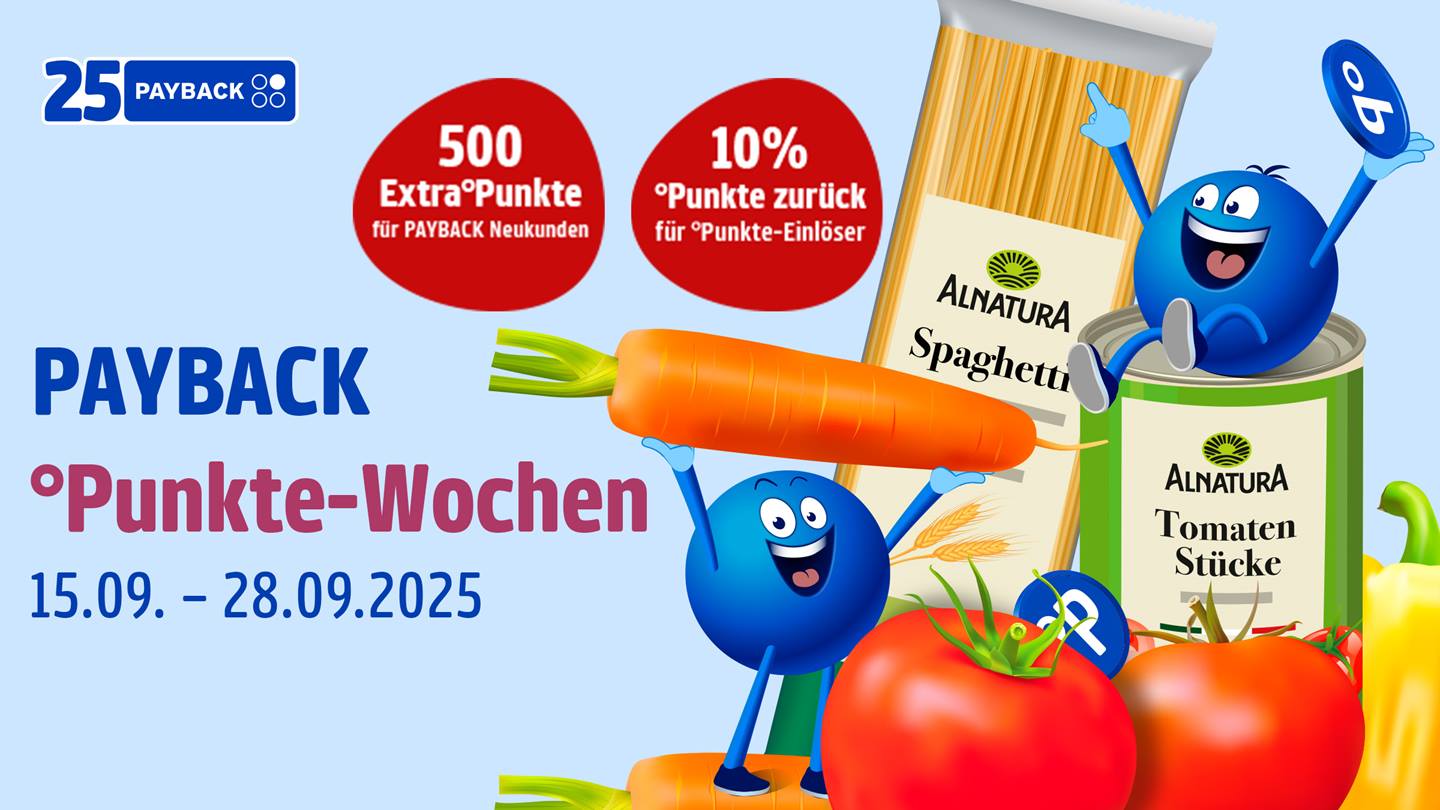 Das Bild zeigt eine Werbeaktion von Payback und Alnatura. Fröhliche, blaue, runde Figuren halten eine Karotte und eine Packung Alnatura Spaghetti. Eine weitere Figur sitzt auf einer Dose Alnatura Tomatenstücke und hält ein Payback-Punkte-Symbol hoch. Der Hintergrund beinhaltet die Werbung für 10% Punkte zurück für Punkte-Einlöser und 500 Extra Punkte für Neukunden. Das Gesamtbild ist hell, freundlich und soll den Konsumenten zum Einkauf und zur Teilnahme an der Payback-Aktion animieren.