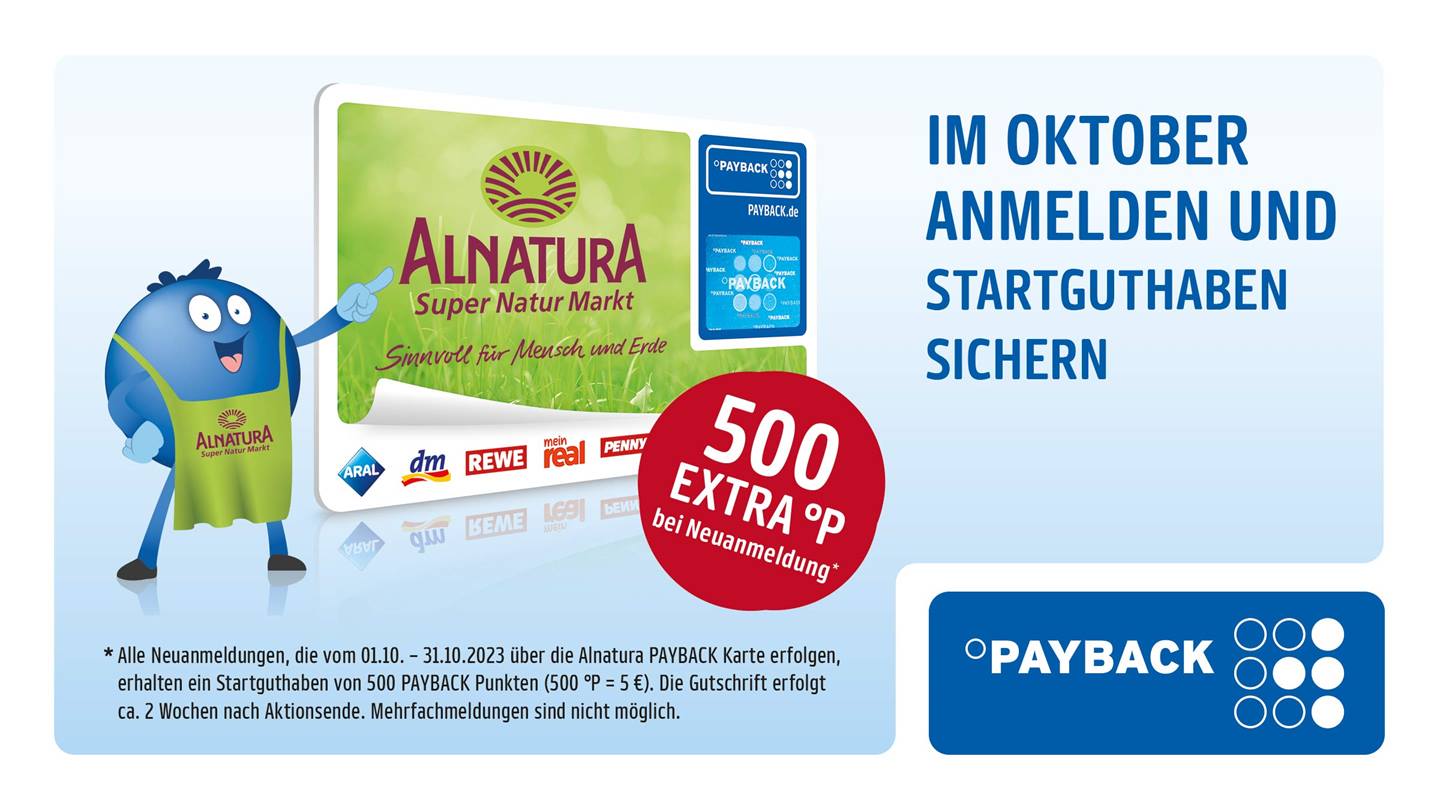 PAYBACK Werbung mit Alnatura Karte und Text "Im Oktober anmelden und Startguthaben sichern"