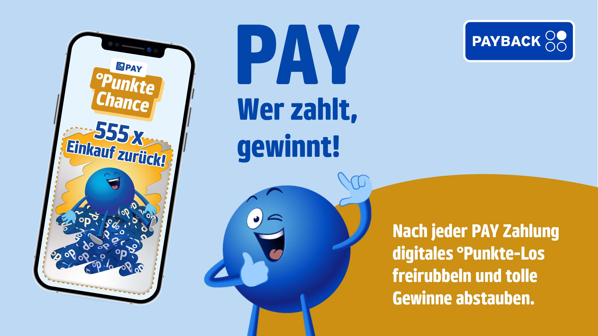 Die Anzeige bewirbt die PAYBACK PAY Funktion. Sie zeigt großen Text, der "PAY" und "Wer zahlt, gewinnt!" lautet. Ein Smartphone präsentiert eine "Punkte Chance" mit dem Gewinn "555 x Einkauf zurück!". Ein blaues, rundes Maskottchen winkt und daumen hoch. Daneben steht ein Text, der besagt, dass nach jeder PAY Zahlung ein digitales Punkte-Los freigerubbelt und tolle Gewinne abgestaubt werden können.