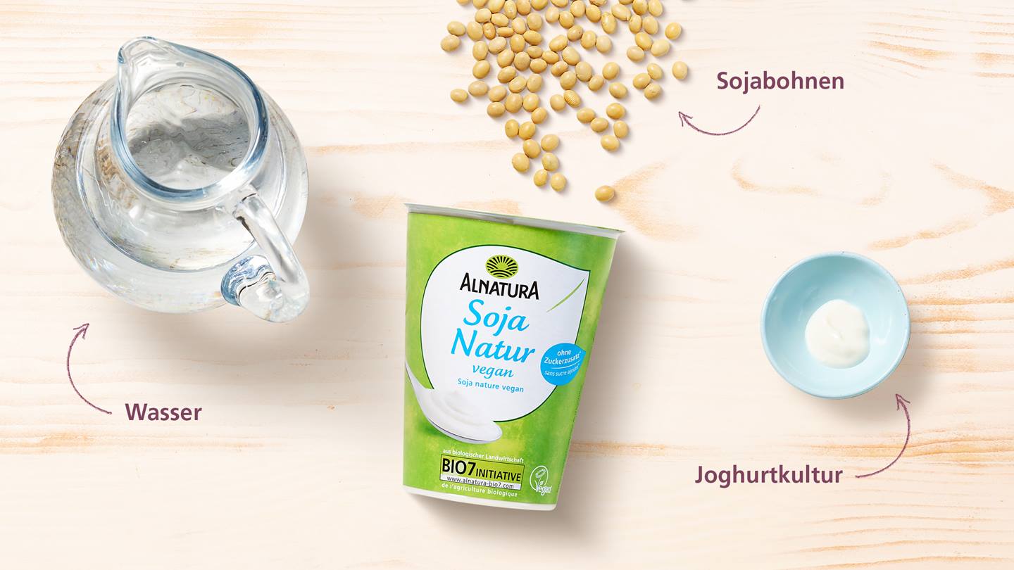 Alnatura Soja Natur mit den drei Zutaten Wasser, Sojabohnen und Joghurtkultur