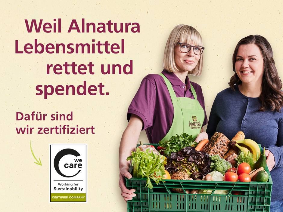 Alnatura Marktleiterin und Nancy Littmann von Foodsharing mit Text "Weil Alnatura Lebensmittel rettet und spendet."