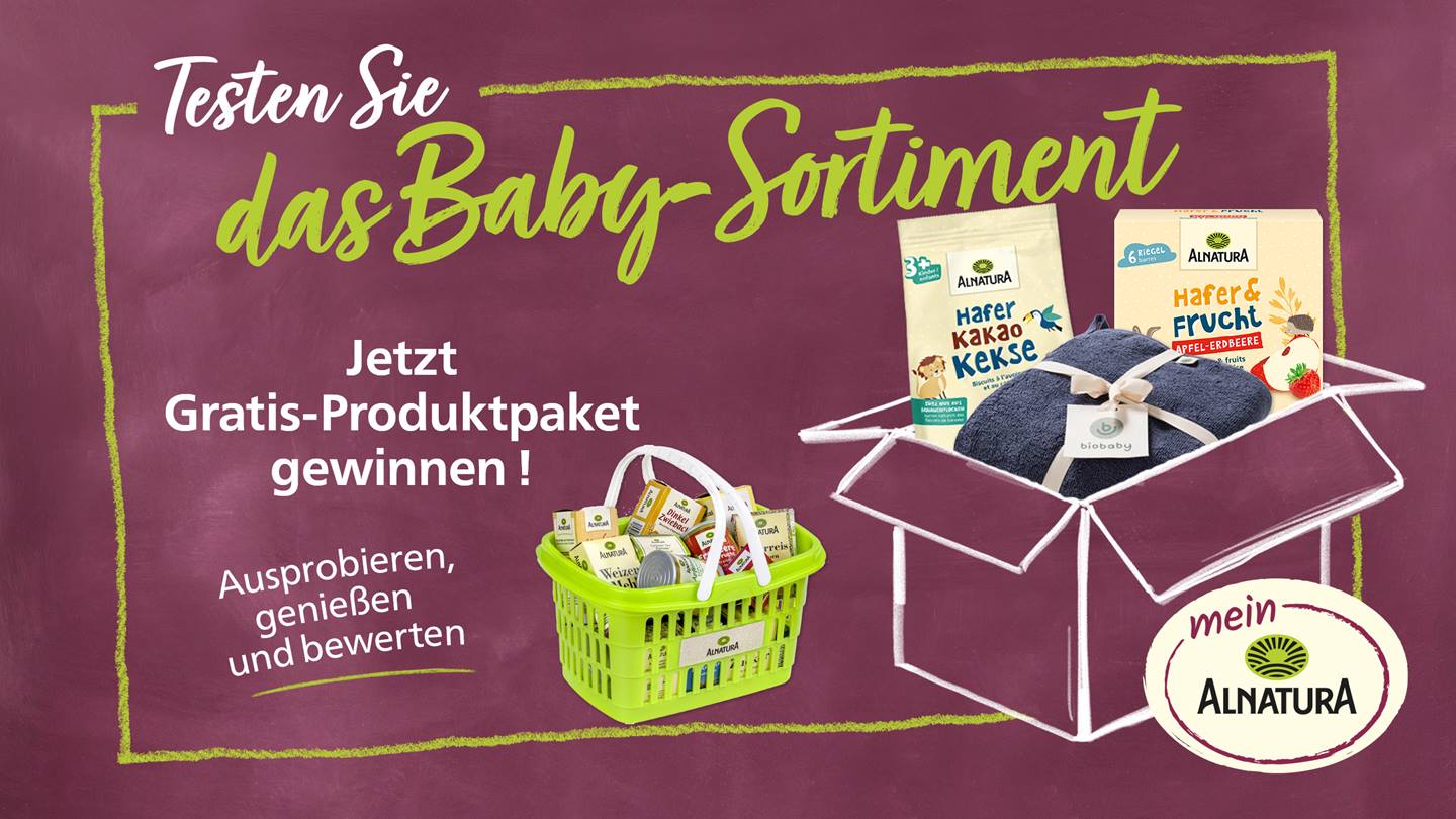 Das Bild zeigt eine Werbeaktion für Alnatura Baby Produkte. Auf einer dunkelroten, kreideartigen Fläche wird beworben, dass man ein kostenloses Produktpaket des Baby-Sortiments gewinnen kann. Gezeigt werden ein grüner Einkaufskorb voller Alnatura Produkte und ein gezeichneter Karton, der ebenfalls mit Babyprodukten gefüllt ist. Der Aufruf zum Mitmachen beinhaltet die Aufforderung zum Ausprobieren, Genießen und Bewerten der Produkte.