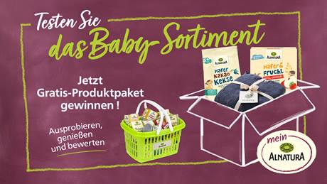 Das Bild zeigt eine Werbeaktion für Alnatura Baby Produkte. Auf einer dunkelroten, kreideartigen Fläche wird beworben, dass man ein kostenloses Produktpaket des Baby-Sortiments gewinnen kann. Gezeigt werden ein grüner Einkaufskorb voller Alnatura Produkte und ein gezeichneter Karton, der ebenfalls mit Babyprodukten gefüllt ist. Der Aufruf zum Mitmachen beinhaltet die Aufforderung zum Ausprobieren, Genießen und Bewerten der Produkte.