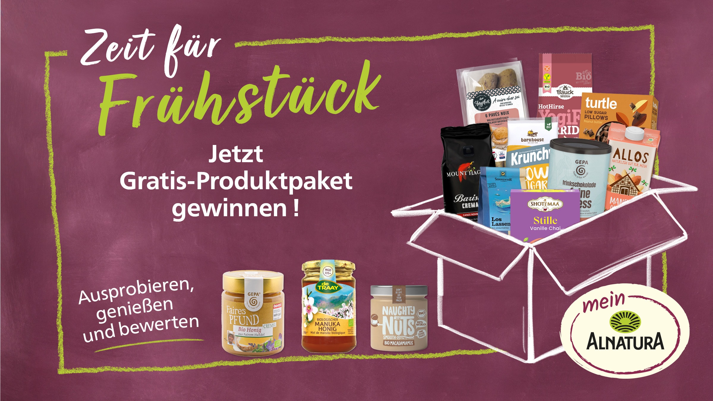 Das Bild zeigt eine Anzeige für ein Frühstücks-Gewinnspiel von Mein Alnatura. Im Zentrum stehen die Worte "Zeit für Frühstück" und "Jetzt Gratis-Produktpaket gewinnen!". Um diese Botschaft herum sind verschiedene Lebensmittelprodukte angeordnet, darunter Honig, Müsli, Tee, Kaffee und Nuss-Creme, die alle von Partner-Marken stammen. Die Produkte sind in einer skizzenhaften Kiste dargestellt, was den Eindruck eines reichhaltigen Frühstückspakets verstärkt. Am unteren Rand des Bildes befindet sich der Text "Ausprobieren, genießen und bewerten", was darauf hindeutet, dass die Empfänger des Gewinnpakets aufgefordert werden, die Produkte zu testen und zu bewerten. Das Mein Alnatura-Logo ist ebenfalls prominent platziert, um die Marke des Gewinnspiels hervorzuheben.