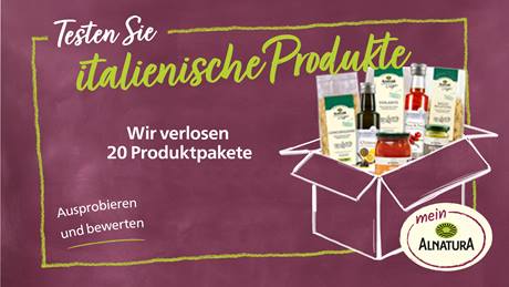 Unter dem Motto "Testen Sie italienische Produkte" werden 20 Produktpakete verlost. Die zugehörigen Produkte werden in einer offenen Box präsentiert. Im unteren rechten Bereich ist das Mein Alnatura-Logo abgebildet.
