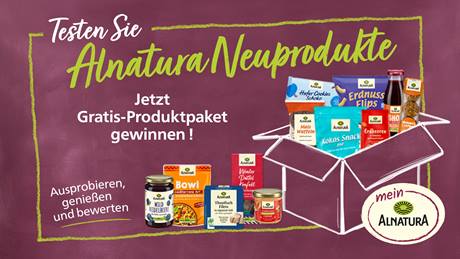 Das Bild zeigt eine Werbeanzeige für einen Mein Alnatura Produkttest. Im Mittelpunkt steht die Aufforderung, Alnatura-Neuprodukte zu testen und die Chance zu nutzen, ein Gratis-Produktpaket zu gewinnen. Die Produkte werden in einer weißen, skizzenhaften Geschenkbox präsentiert und umfassen verschiedene Artikel wie Hafer Cookies, Erdnuss Flips, Kokos Snacks, Thunfisch, Tomatencreme, Fruchtauchstrich Wild Heidelbeere, Trockenfrüchte, Winter Dattel Konfekt und Bowl mediterrane Art. Der Aufruf lautet, die Produkte auszuprobieren, zu genießen und zu bewerten. Das Mein Alnatura-Logo ist prominent im unteren rechten Bereich platziert. Der Hintergrund ist einfarbig violett.