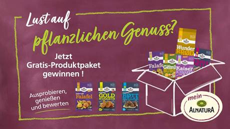 Produkttest bei Mein Alnatura. Bild zeigt Kiste mit Produkten der Marke Bauck Mühle, einige Produkte stehen neben der Kiste. Texte "Lust auf pflanzlichen Genuss", Jetzt Gratis-Produktpaket gewinnen und Ausprobieren, genießen und bewerten.