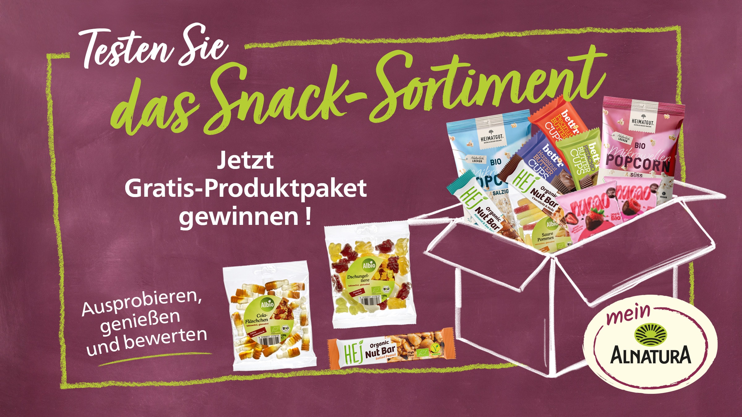 Werbebild für ein Alnatura-Snack-Sortiment, das zum Testen und Gewinnen eines Gratispakets aufruft und verschiedene Snacks zeigt.