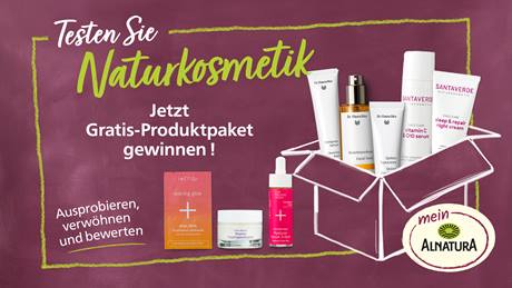 Das Bild ist eine Einladung für einen Produkttest mit Naturkosmetikprodukten. Im Zentrum steht eine Einladung, Naturkosmetik zu testen und ein kostenloses Produktpaket zu gewinnen. Die Aussage wird durch die Aufforderung "Ausprobieren, verwöhnen und bewerten" verstärkt.  Die abgebildeten Produkte stammen von Dr. Hauschka, i+m Naturkosmetik und Santaverde. Es werden verschiedene Produkte gezeigt, darunter Tagescreme, Gesichtstonikum, Reinigungsbalsam, Vitamin C Serum und eine Nachtcreme. Zusätzlich sind Produkte wie eine AHA/BHA Fruchtsäure Gelmaske, Rosehip Feuchtigkeitscreme und ein Hyaluron Serum abgebildet. Die Produkte sind in einem gezeichneten Karton dargestellt, was den Eindruck erweckt, sie seien Teil eines Pakets. Ein Logo von „Mein Alnatura“ ist ebenfalls prominent platziert.