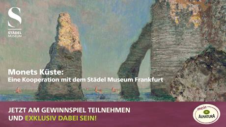 Werbebild für "Monets Küste: Ein Abend im Städel Museum" mit einem Gemälde von Klippen.