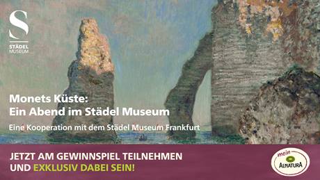 Werbebild für "Monets Küste: Ein Abend im Städel Museum" mit einem Gemälde von Klippen.