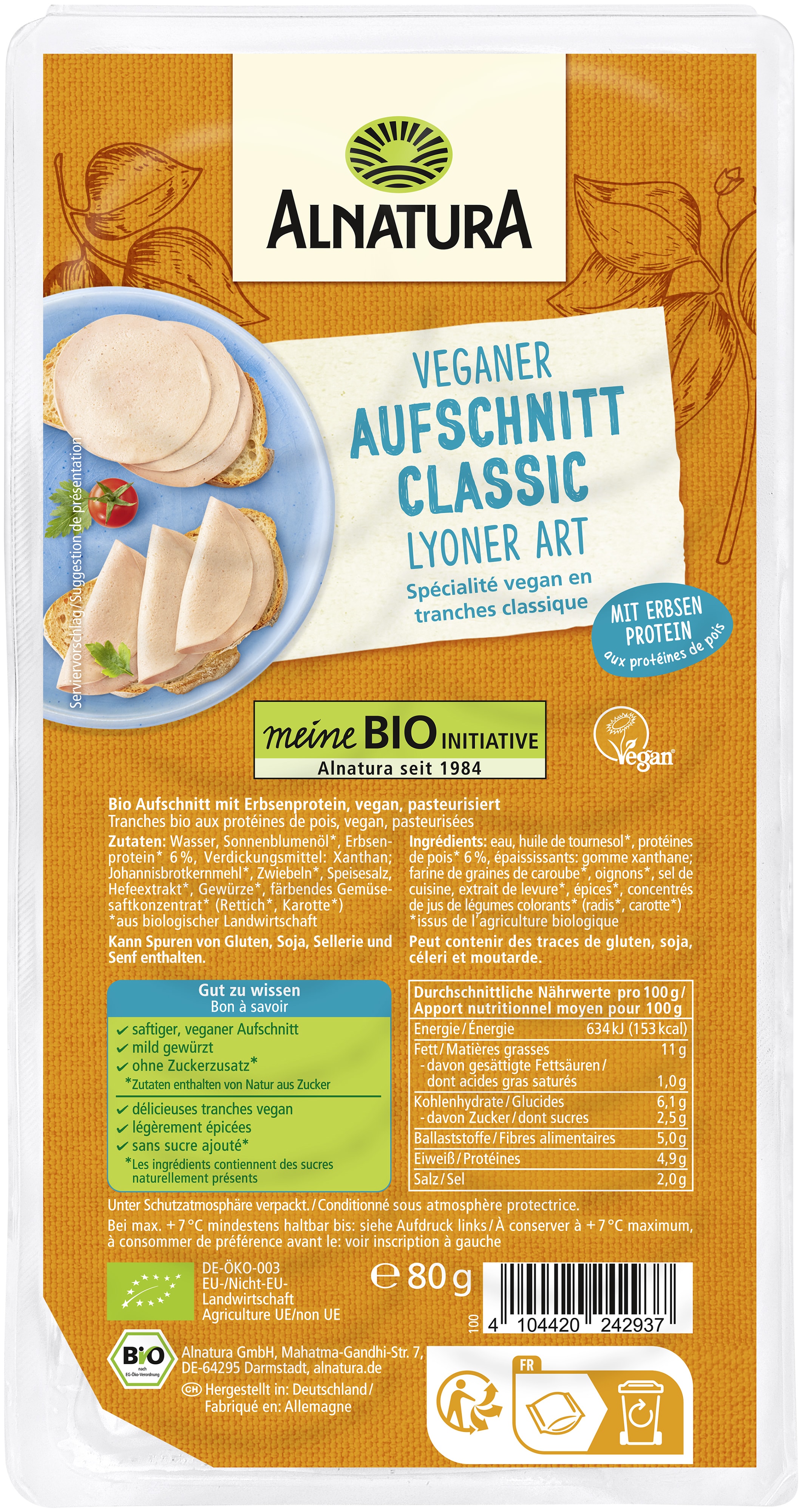 Veganer Aufschnitt Classic Lyoner Art (80 g) in Bio-Qualität von Alnatura