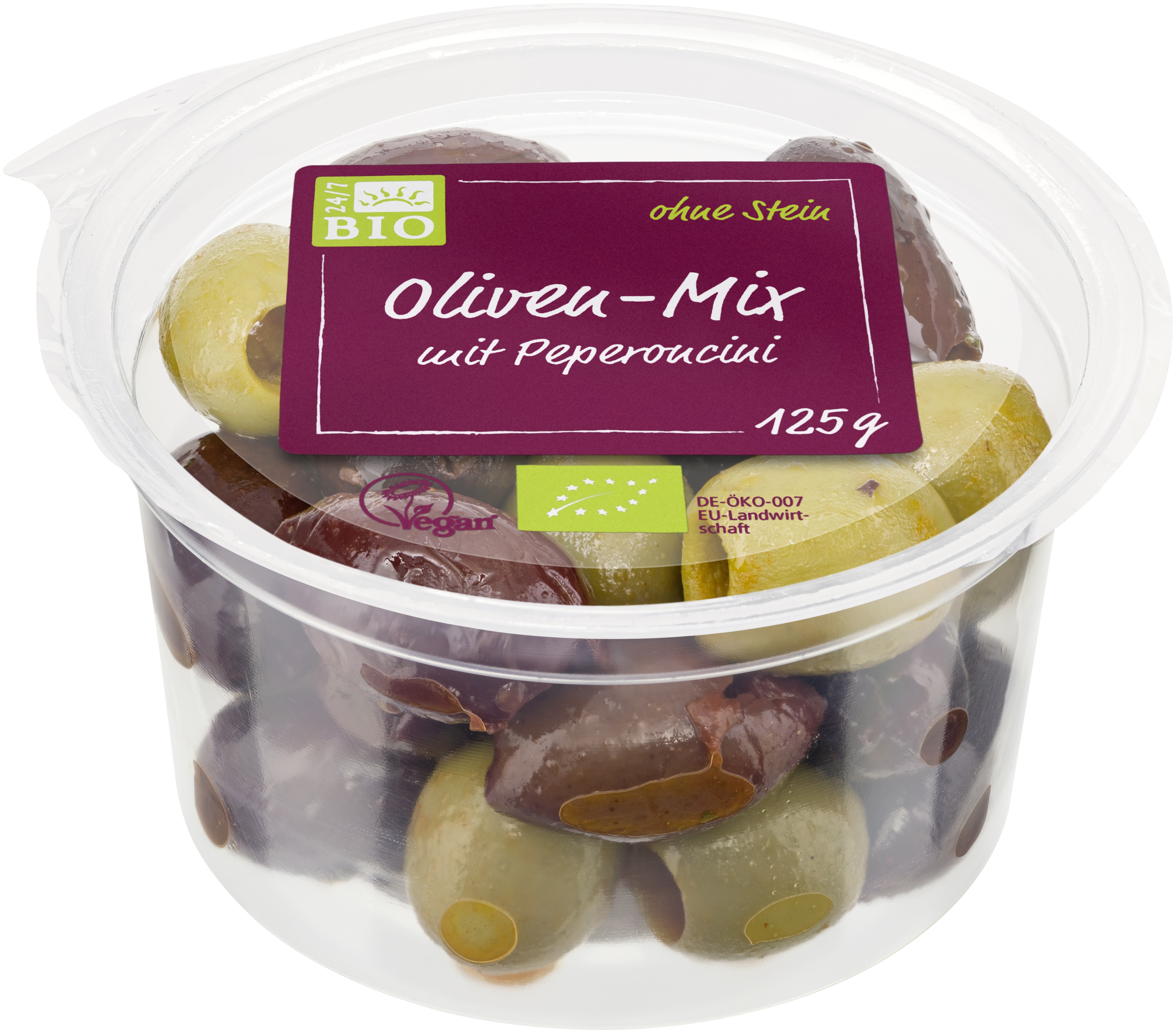 Oliven-Mix mit Peperoncini (125 g) in Bio-Qualität von 24/7 BIO