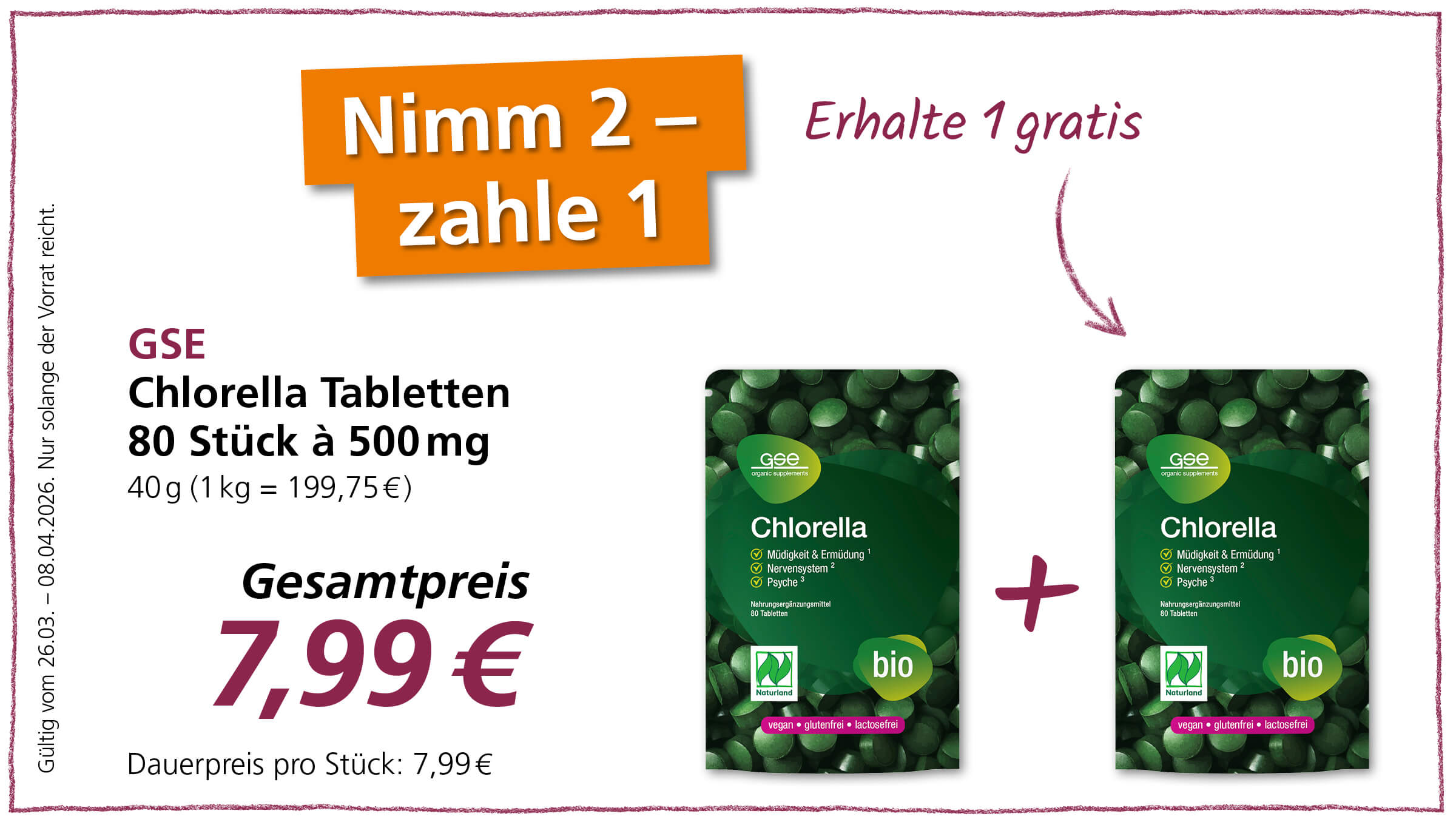 Angebot für GSE Chlorella Tabletten: 2 Packungen kaufen und 1 gratis erhalten. Gesamtpreis 7,99 €.