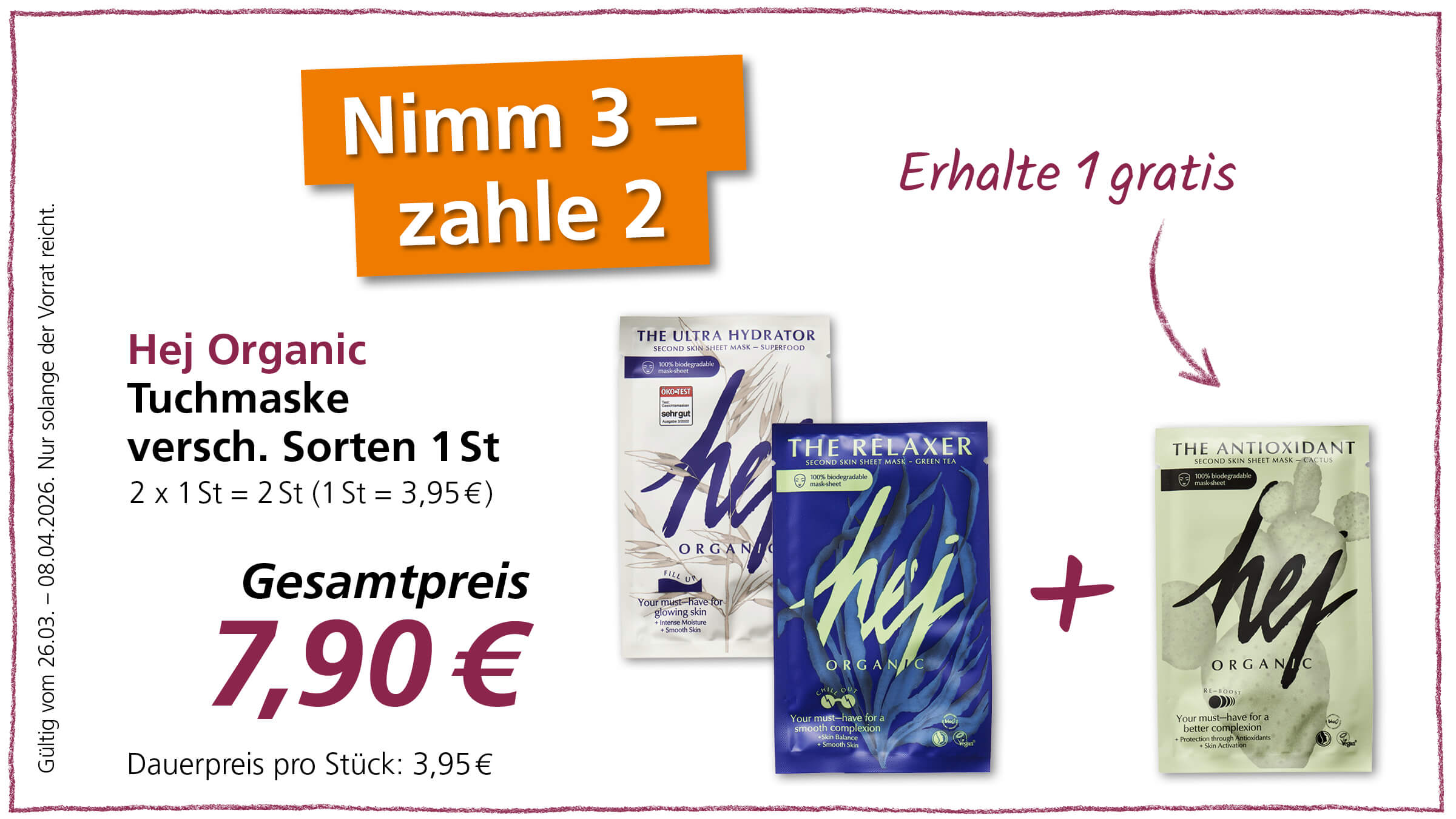 Ein Angebot für Hej Organic Tuchmasken mit der Aktion Nimm 3, zahle 2. Der Gesamtpreis beträgt 7,90 €.