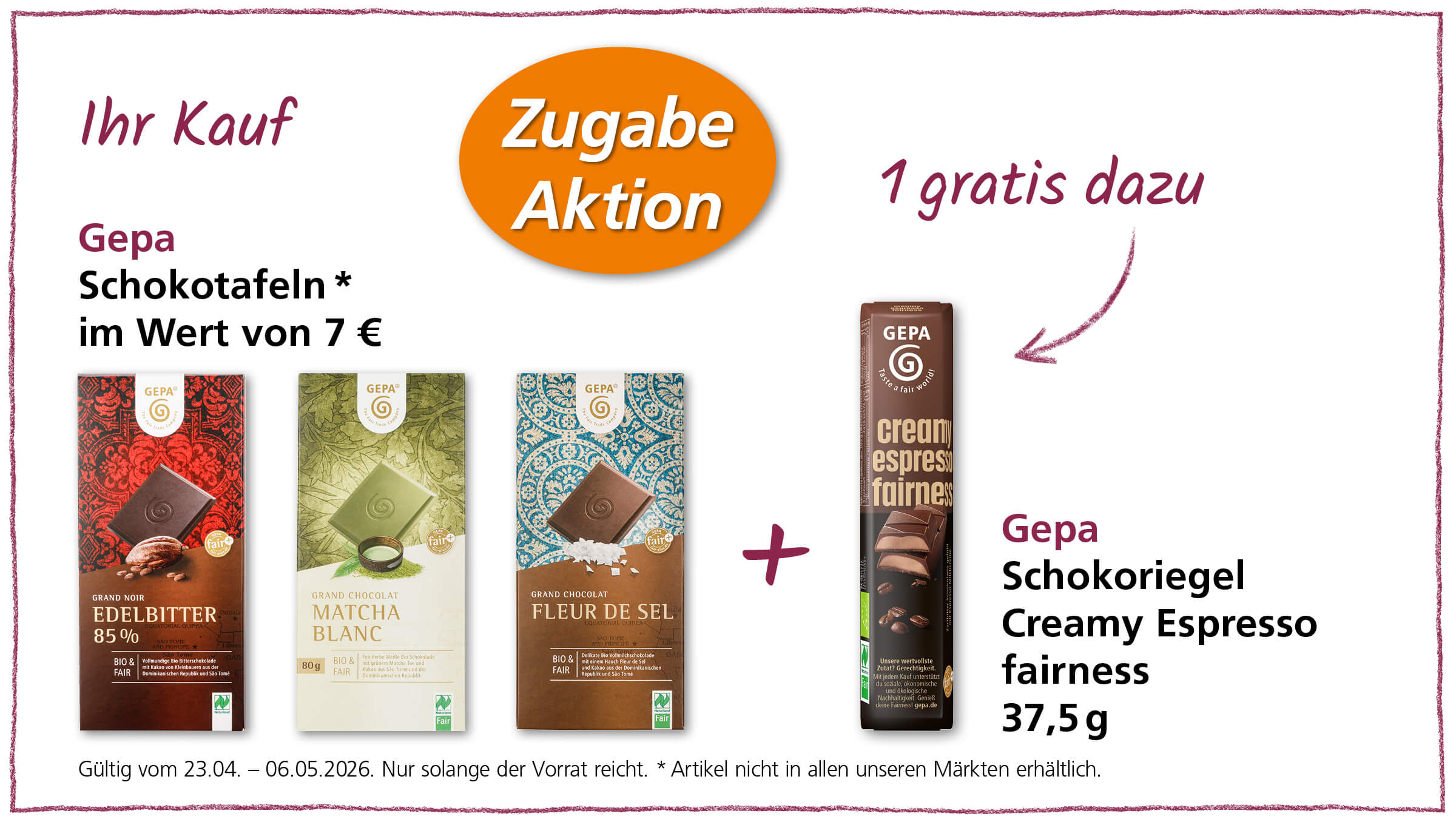 Ein Angebot zum Kauf von Gepa Schokoladentafeln, bei dem man einen Gepa Schokoriegel Creamy Espresso fairness gratis dazu erhält.