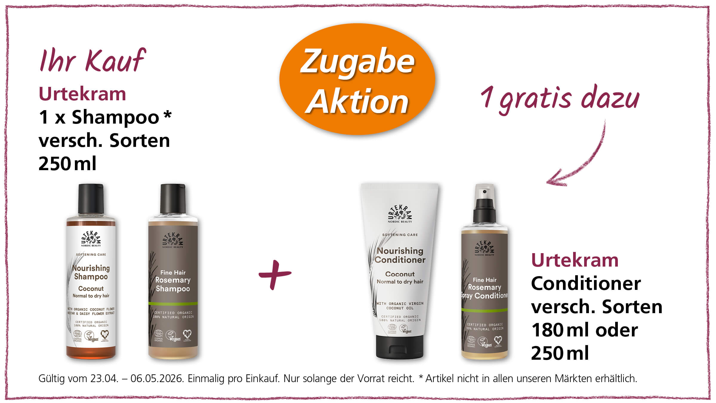 Ein aktuelles Sonderangebot von Urtekram: Beim Kauf eines Shampoos (250ml) erhalten Sie einen Conditioner (180ml oder 250ml) gratis dazu.
