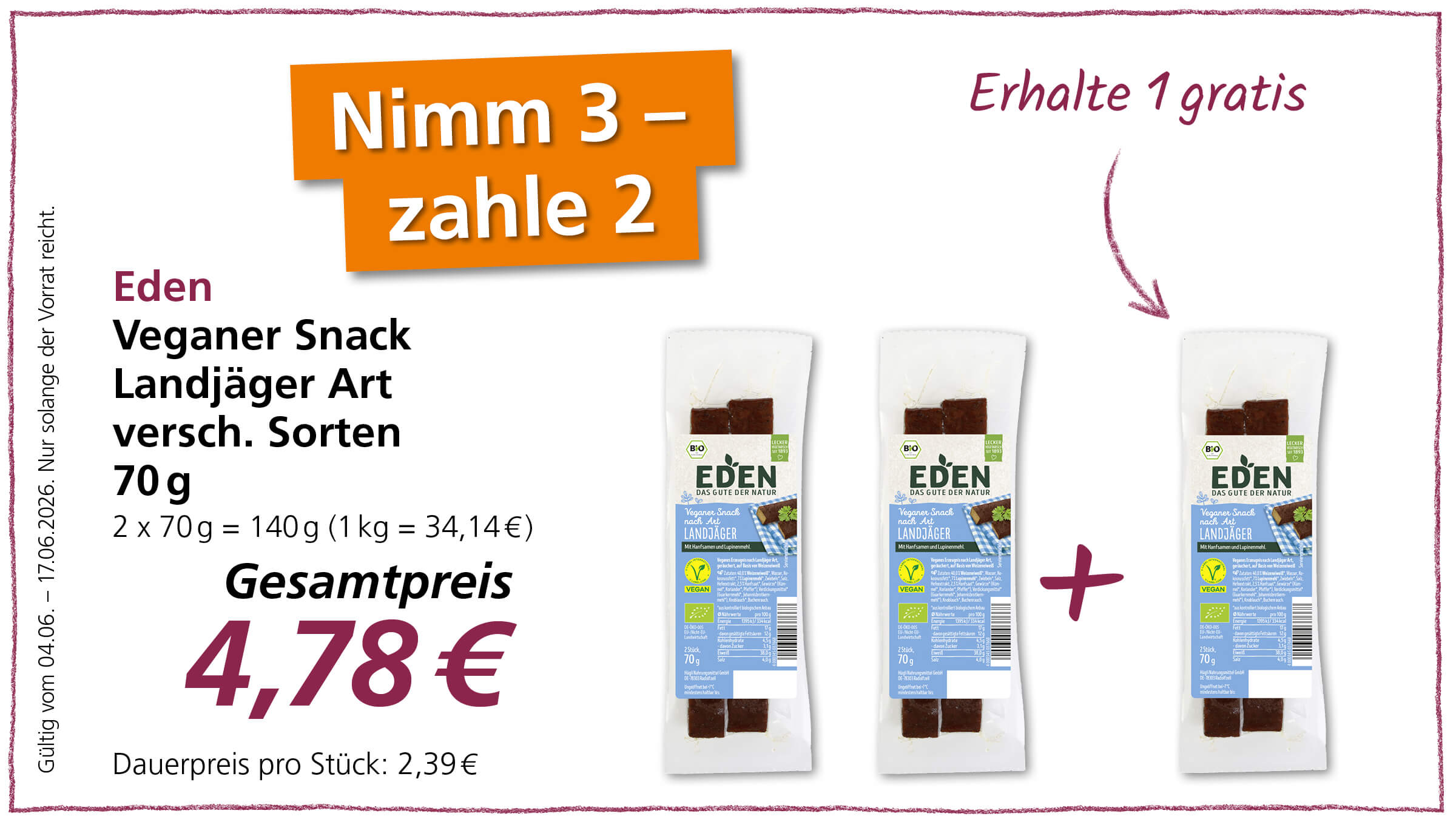 Das Bild bewirbt ein Sonderangebot für vegane Snacks von Eden im Landjäger-Stil.  Das Bild zeigt eine Produktwerbung für vegane Snacks der Marke Eden, die im Landjäger-Stil hergestellt werden. Im oberen linken Bereich steht in Großbuchstaben "Nimm 3 – zahle 2" auf einem orangen Banner. Darunter wird das Produkt mit "Eden Veganer Snack Landjäger Art versch. Sorten 70g" beschrieben, gefolgt von der Mengenangabe "2 x 70g = 140g (1 kg = 34,14€)". Darunter steht der "Gesamtpreis" von 4,78€, und darunter kleiner "Dauerpreis pro Stück: 2,39€". Ganz links, vertikal angeordnet, steht der Hinweis "Gültig vom 04.06. – 17.06.2026. Nur solange der Vorrat reicht.". Auf der rechten Seite des Bildes sind drei Packungen des veganen Snacks abgebildet, die jeweils zwei rechteckige, dunkelbraune Snacks enthalten. Die Packungen sind transparent mit weißen Aufdrucken. Ein pinker Pfeil mit der Aufschrift "Erhalte 1 gratis" zeigt von oben auf die dritte Packung, und ein großes pinkes Kreuz symbolisiert die Hinzufügung des dritten, kostenlosen Produkts. Die Verpackungen weisen Bio-Siegel und weitere Informationen zur Zusammensetzung und Nährwerten auf.