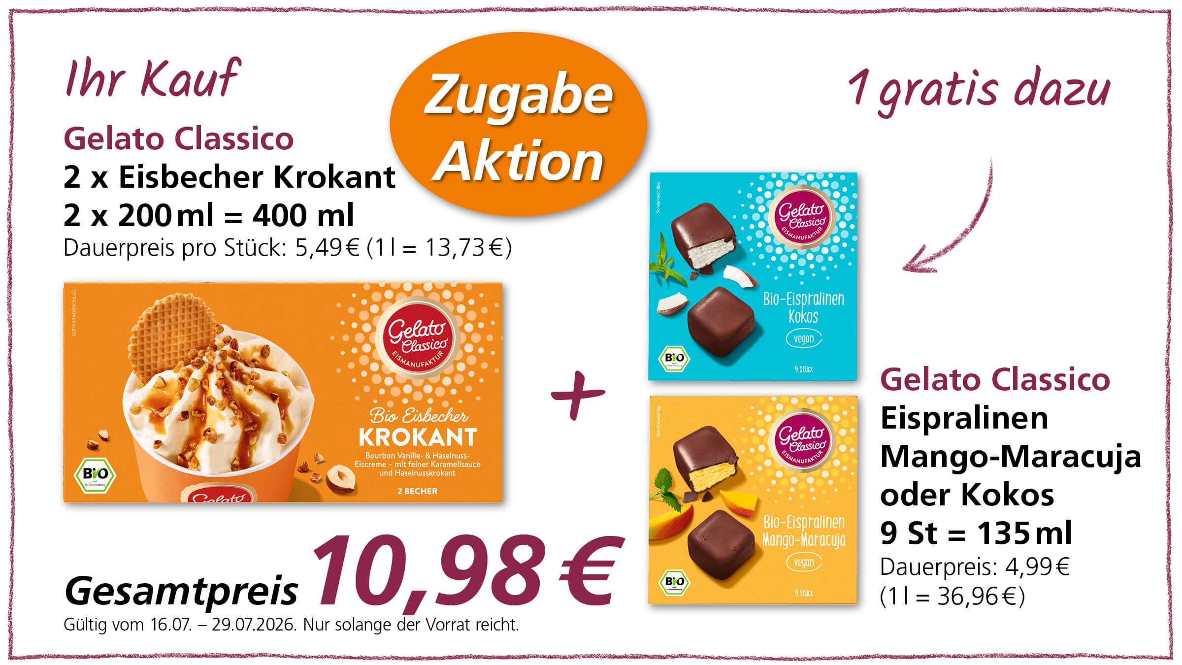 Angebot für 2 Becher Eis "Krokant" von Gelato Classico, inklusive 1 Packung Eispralinen zum Gratis dazu.