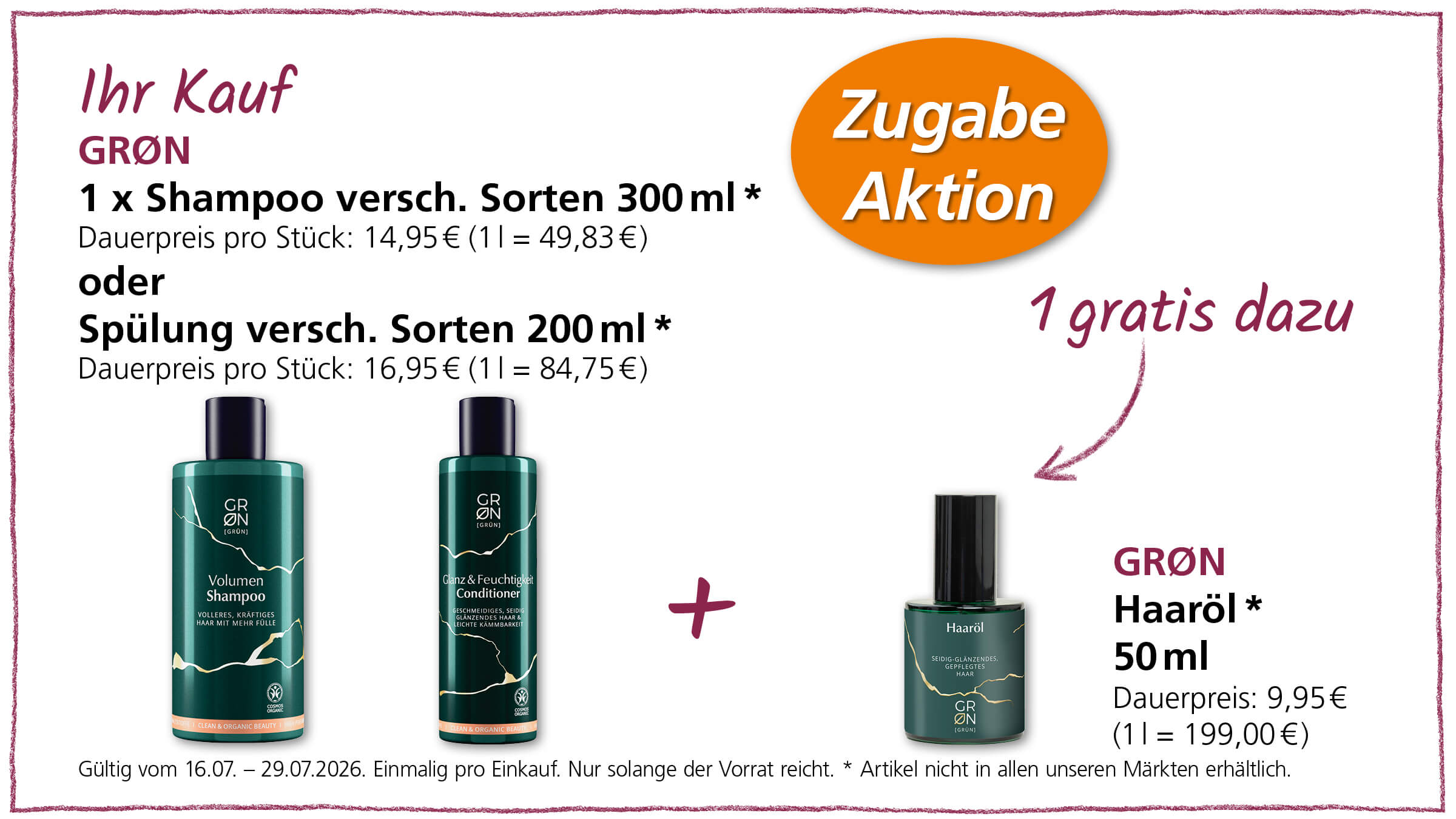 Ein Kauf eines GRØN Shampoos oder Conditioners beinhaltet ein gratis Haaröl dazu.