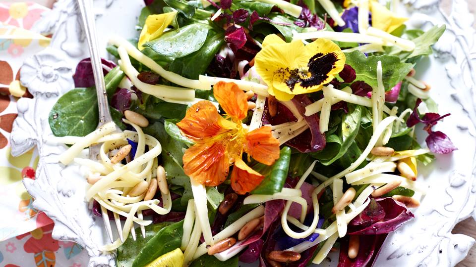 Sommersalat mit Blütenkäse und Pinienkernen