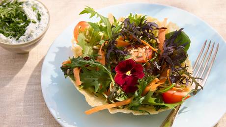 Teller mit Parmesankörbchen, mediterranem Salat und Tomaten. Daneben eine Gabel, seitlich ein cremiger Dip mit Schnittlauch und Dill.