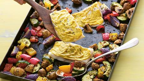 Kabeljau mit Senfkruste zu mediterranem Grillgemüse