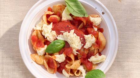 Teller mit Muschelnudeln, Tomatensauce, Mozzarellastücken und Basilikumblättern auf hellem Stoff