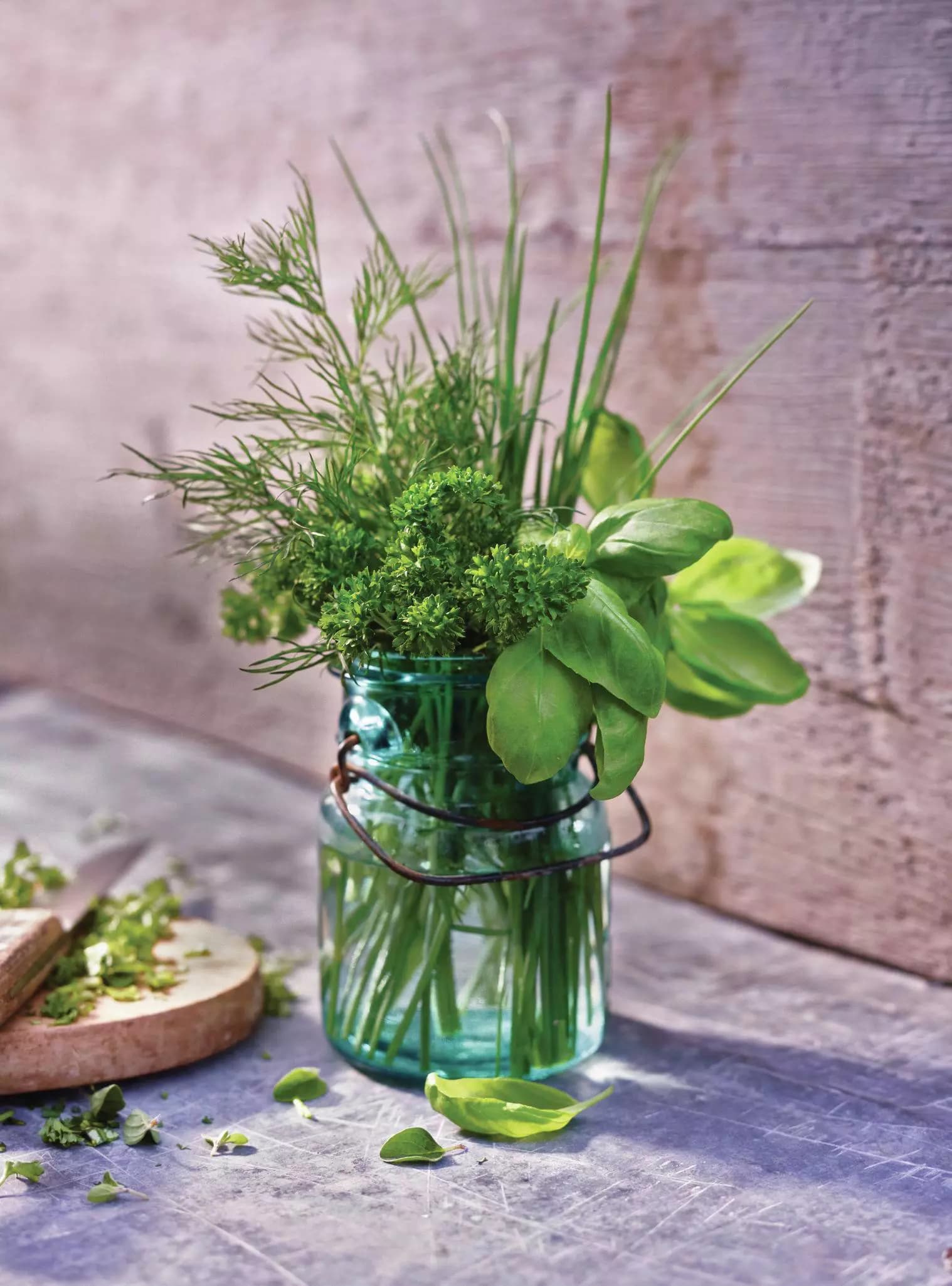 Verschiedene Kräuter in einem Glas, Basilikum, Petersilie, Schnittlauch, Dill