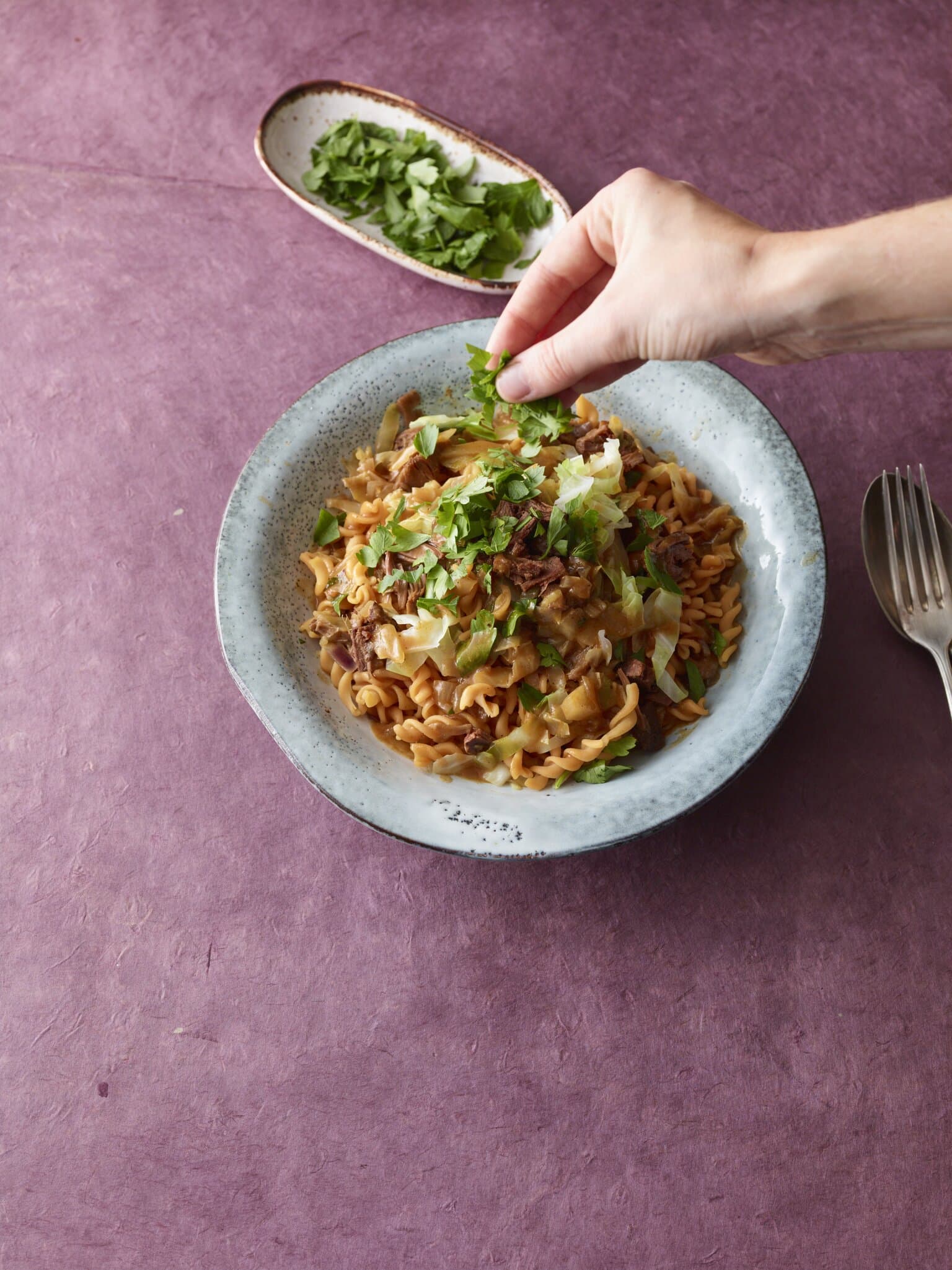 Linsen-Spirelli mit pfannengerührter Spitzkohl-Jackfrucht-Sauce