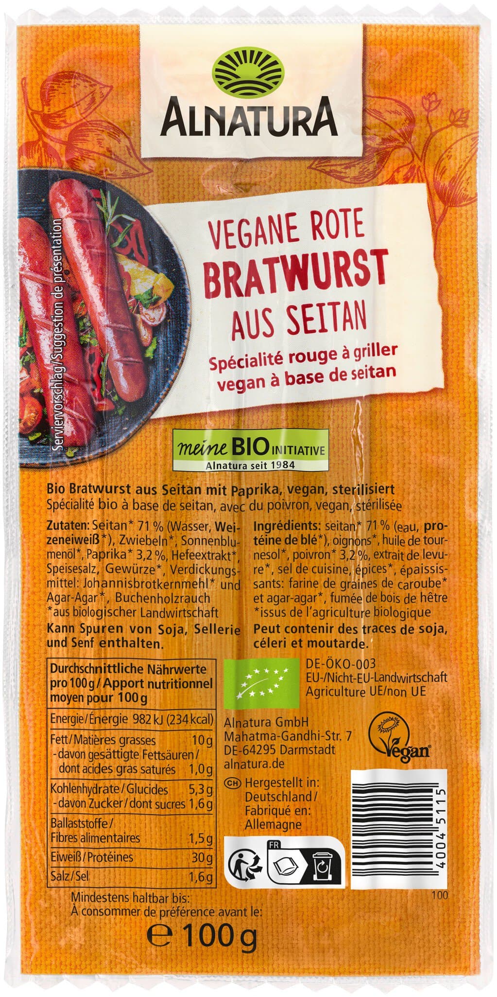 Alnatura Rote Bratwurst aus Seitan (haltbar)