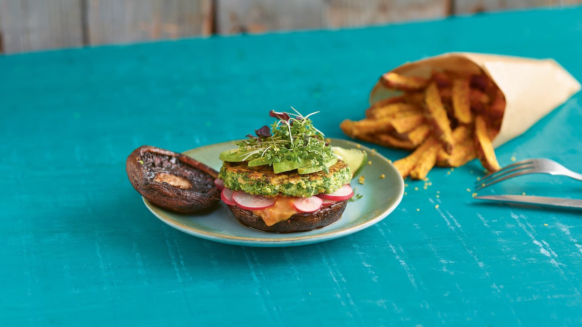 Portobello-Burger mit Brokkoli-Ziegenkäse-Patty