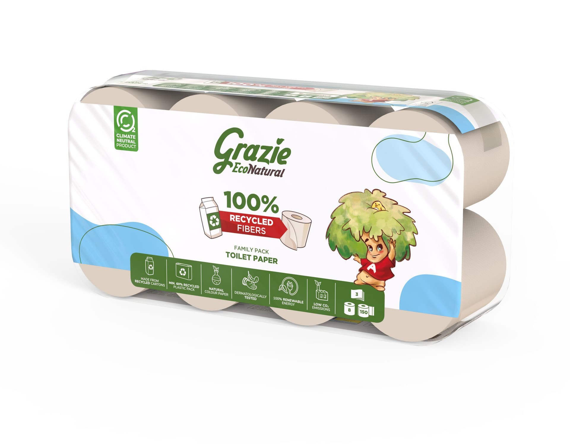 Grazie Econatural Toilettenpapier (8x150 Blatt), 3-lagig
