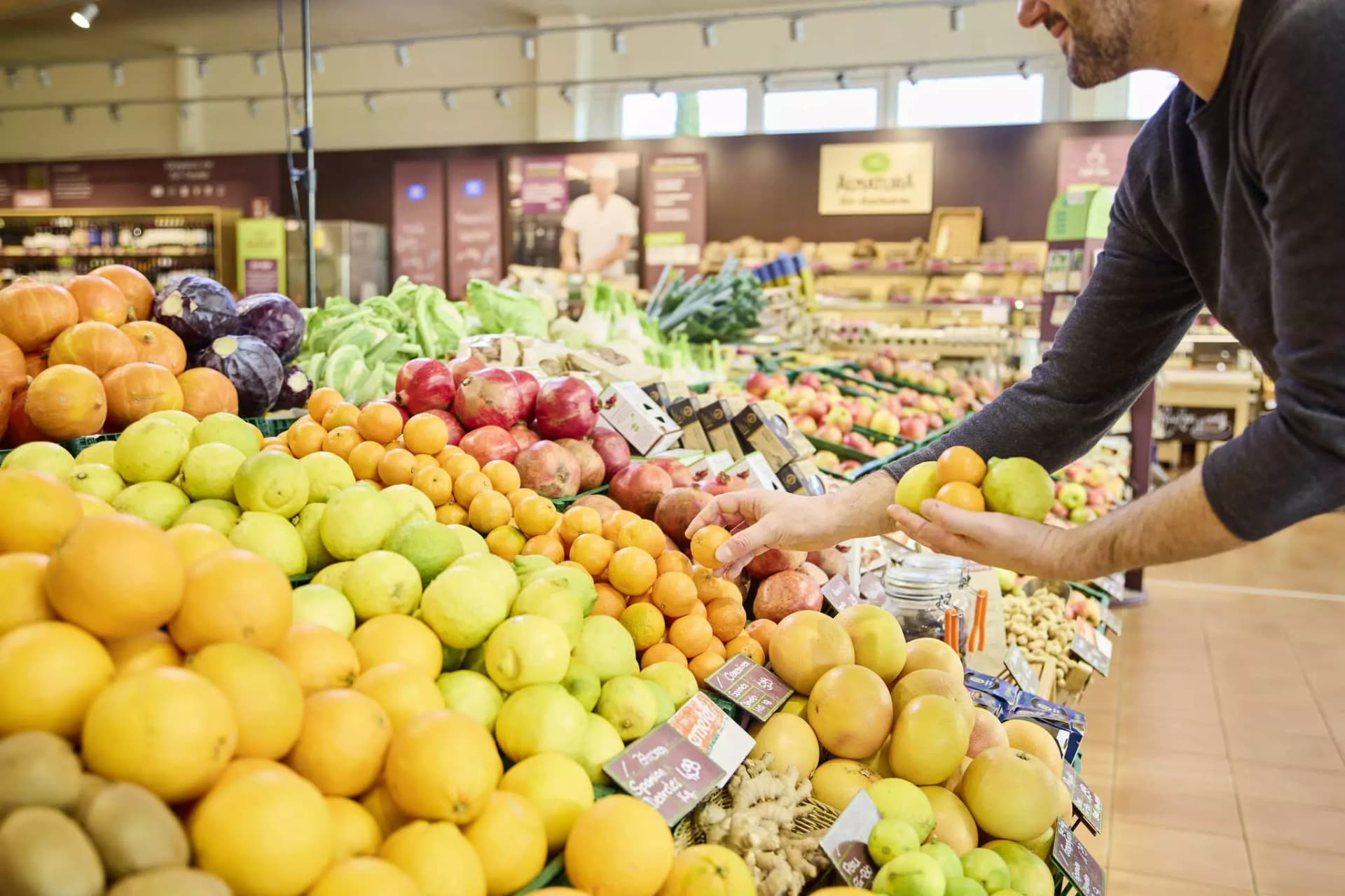 Obst Theke im Markt, Mensch wählt Zitrusfrüchte aus.